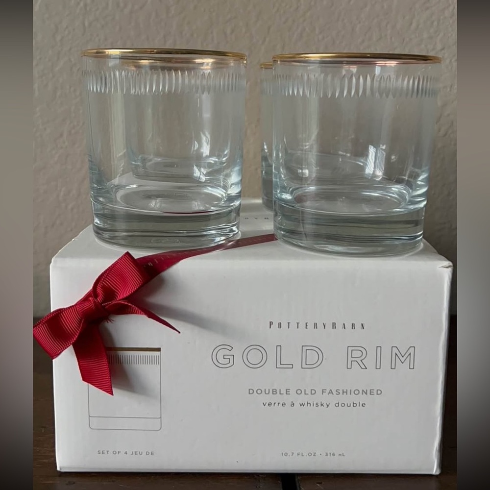 Brand New Pottery Barn Clear Double Old Fashioned Glasses with Gold Rim